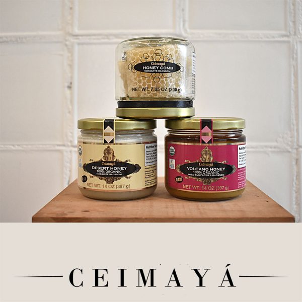 Ceimayá Combo Pack of 3 Honey Jars - Desert Honey, Honeycomb, Volcano Honey