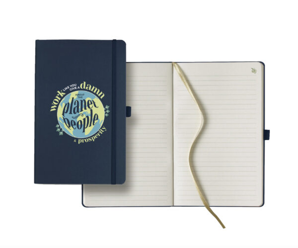 Dark Blue Vegan lined journal with planet icon and work like you give a damn about people planet and prosperity